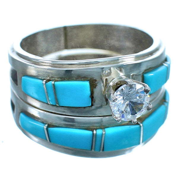 Authentic Sterling Silver Cubic Ziconia Turquoise Zuni Wedding Ring Size 7-1/4 JX127069